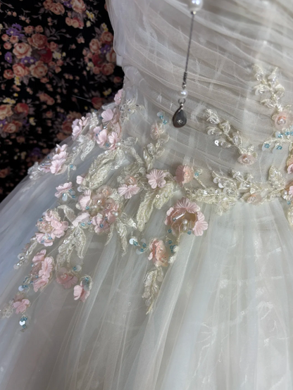 Glam Off The Shoulder Wedding Dress Floral Sequins Tulle A-Line Bridal Dress GG7688