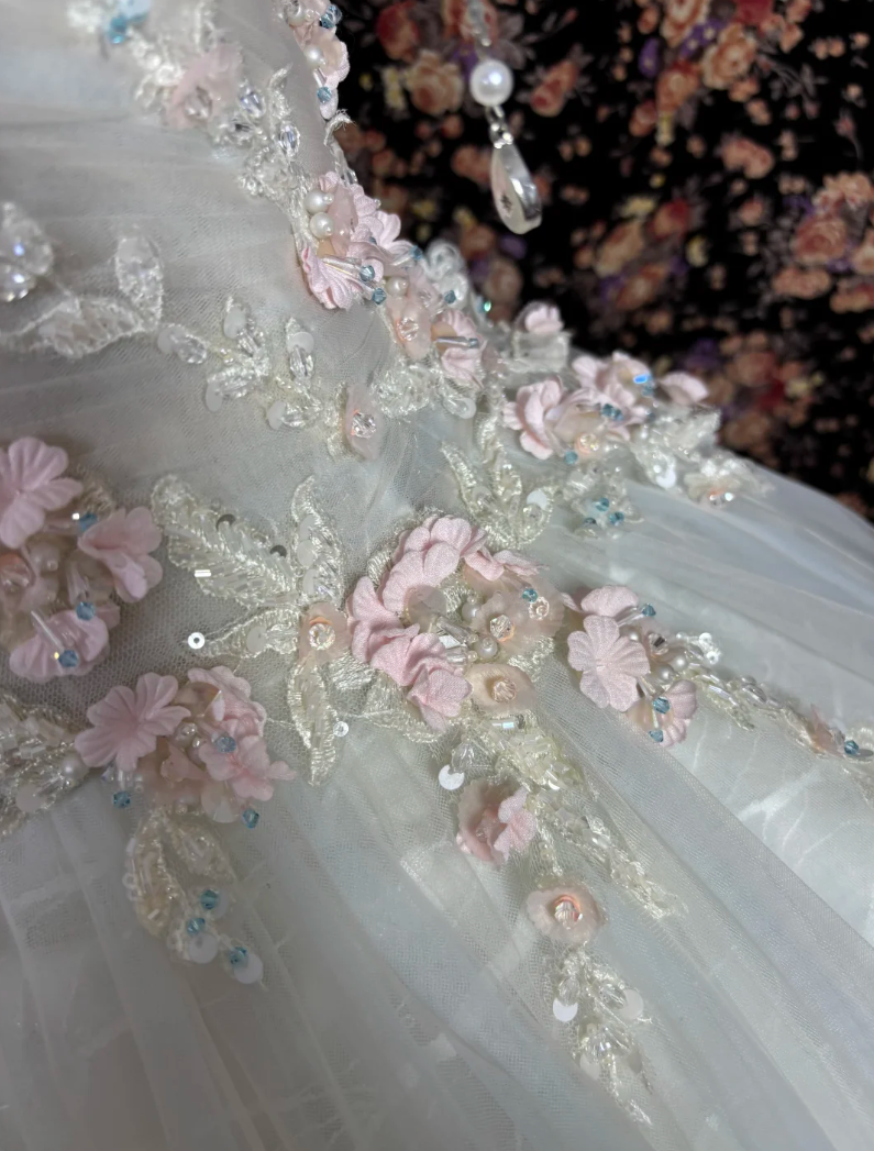 Glam Off The Shoulder Wedding Dress Floral Sequins Tulle A-Line Bridal Dress GG7688