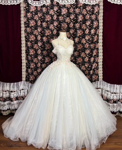 Glam Off The Shoulder Wedding Dress Floral Sequins Tulle A-Line Bridal Dress GG7688