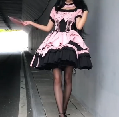 Adorable Short Sleeve Homecoming Dress Pink Bows Tiered A-Line Birthday Dress GG7697