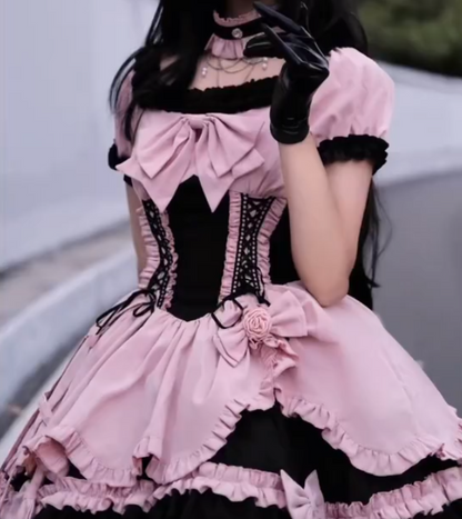 Adorable Short Sleeve Homecoming Dress Pink Bows Tiered A-Line Birthday Dress GG7697