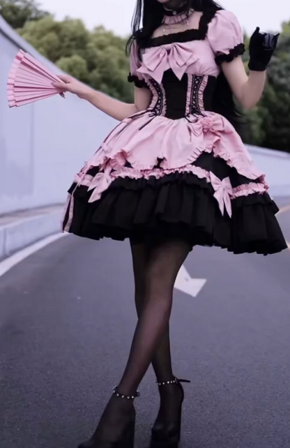 Adorable Short Sleeve Homecoming Dress Pink Bows Tiered A-Line Birthday Dress GG7697