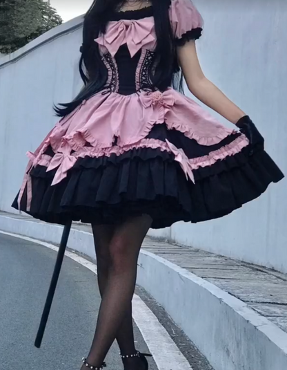 Adorable Short Sleeve Homecoming Dress Pink Bows Tiered A-Line Birthday Dress GG7697