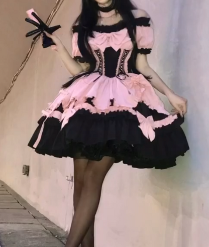 Adorable Short Sleeve Homecoming Dress Pink Bows Tiered A-Line Birthday Dress GG7697