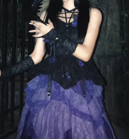 Gothic Halter Neck Homecoming Dress Black & Purple Tiered A-Line Birthday Dress GG7698