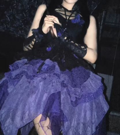 Gothic Halter Neck Homecoming Dress Black & Purple Tiered A-Line Birthday Dress GG7698