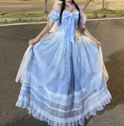 Dreamy Off The Shoulder Prom Dress Blue Bows Appliques A-Line Evening Dress GG7702