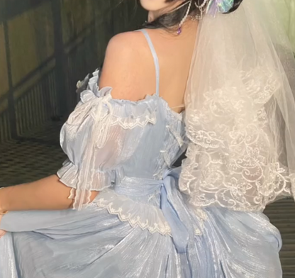 Dreamy Off The Shoulder Prom Dress Blue Bows Appliques A-Line Evening Dress GG7702