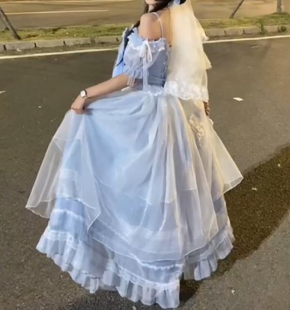 Dreamy Off The Shoulder Prom Dress Blue Bows Appliques A-Line Evening Dress GG7702