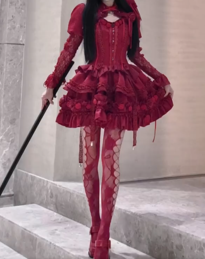 Alluring Long Sleeve Homecoming Dress Red Floral Tiered A-Line Birthday Dress GG7703