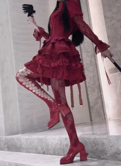 Alluring Long Sleeve Homecoming Dress Red Floral Tiered A-Line Birthday Dress GG7703