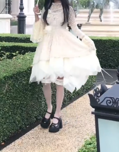 Elegant Long Sleeve Homecoming Dress Ivory Tulle Tiered A-Line Birthday Dress GG7704
