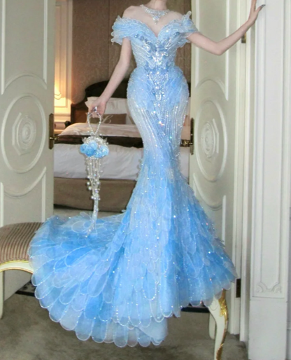 Ethereal Off The Shoulder Prom Dress Blue Beading Mermaid Evening Dress GG7705