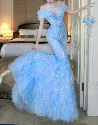 Ethereal Off The Shoulder Prom Dress Blue Beading Mermaid Evening Dress GG7705
