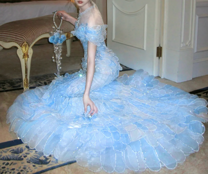 Ethereal Off The Shoulder Prom Dress Blue Beading Mermaid Evening Dress GG7705