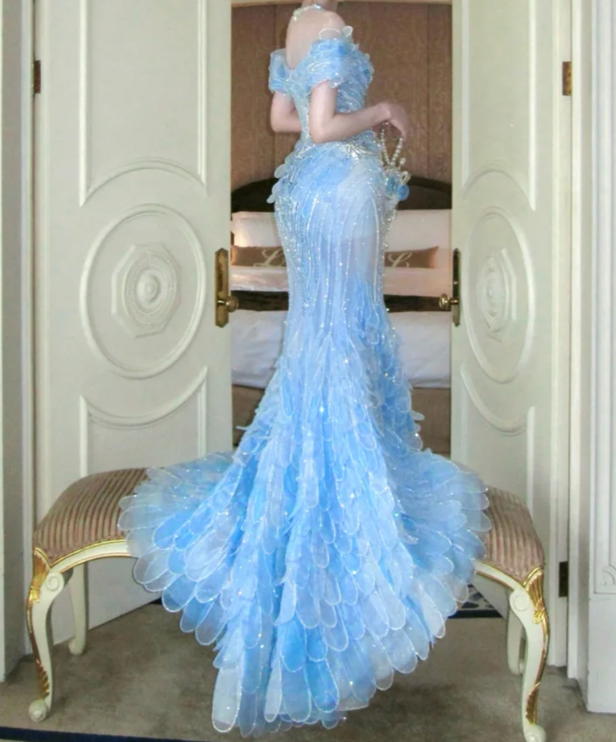 Ethereal Off The Shoulder Prom Dress Blue Beading Mermaid Evening Dress GG7705