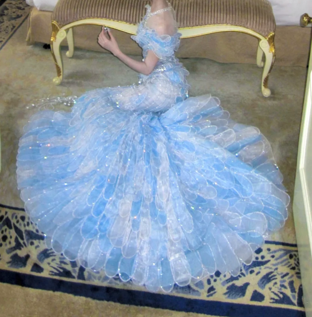 Ethereal Off The Shoulder Prom Dress Blue Beading Mermaid Evening Dress GG7705