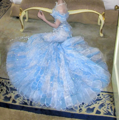 Ethereal Off The Shoulder Prom Dress Blue Beading Mermaid Evening Dress GG7705
