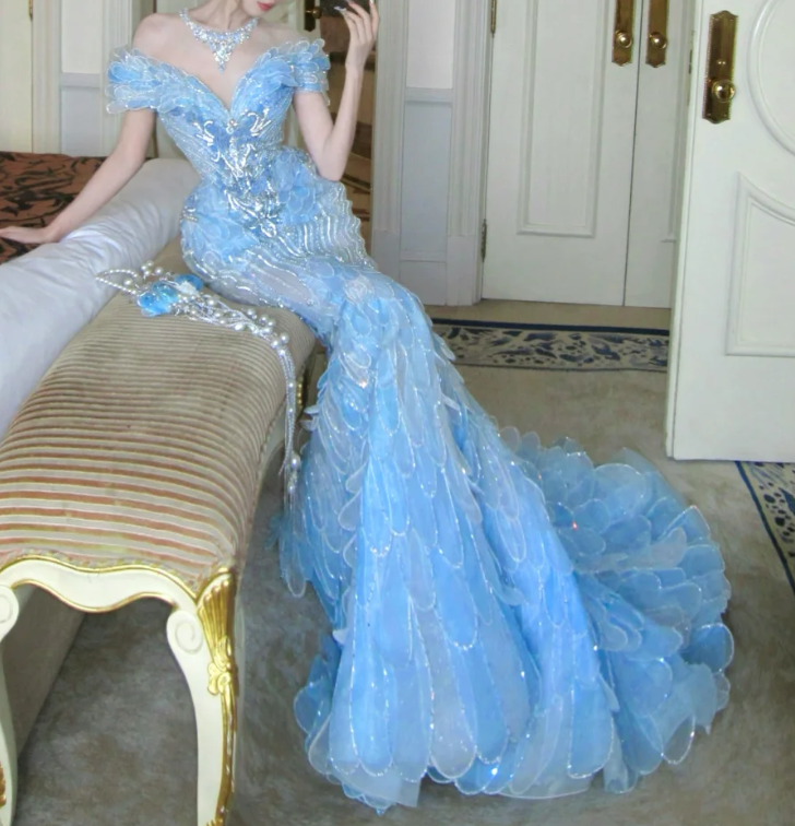 Ethereal Off The Shoulder Prom Dress Blue Beading Mermaid Evening Dress GG7705