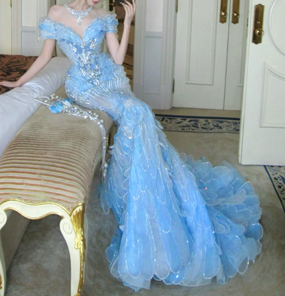 Ethereal Off The Shoulder Prom Dress Blue Beading Mermaid Evening Dress GG7705