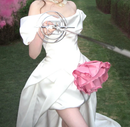 Classical Off-Shoulder Wedding Dress Floral Satin A-Line Bridal Dress GG7706