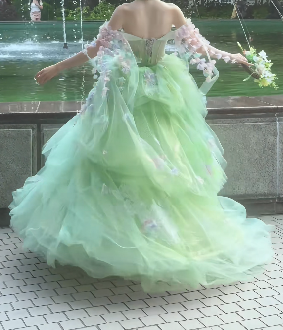 Ornate Off The Shoulder Prom Dress Green Appliques A-Line Evening Dress GG7708
