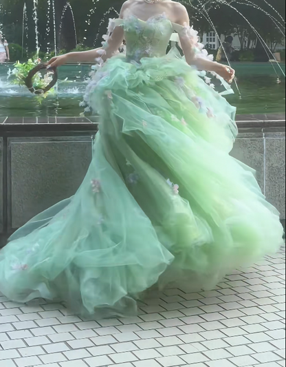 Ornate Off The Shoulder Prom Dress Green Appliques A-Line Evening Dress GG7708