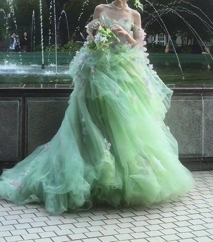 Ornate Off The Shoulder Prom Dress Green Appliques A-Line Evening Dress GG7708
