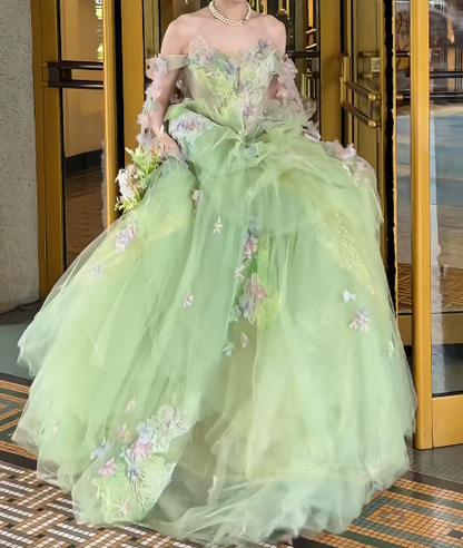 Ornate Off The Shoulder Prom Dress Green Appliques A-Line Evening Dress GG7708