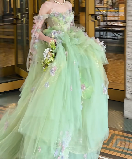 Ornate Off The Shoulder Prom Dress Green Appliques A-Line Evening Dress GG7708