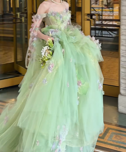 Ornate Off The Shoulder Prom Dress Green Appliques A-Line Evening Dress GG7708