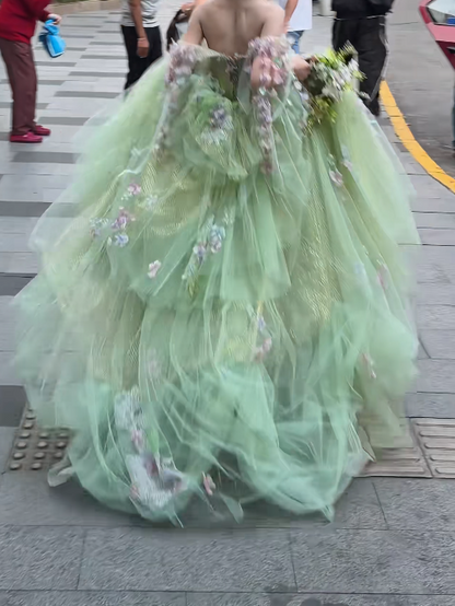 Ornate Off The Shoulder Prom Dress Green Appliques A-Line Evening Dress GG7708