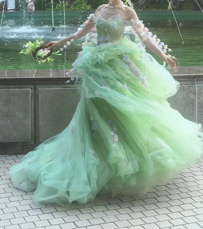 Ornate Off The Shoulder Prom Dress Green Appliques A-Line Evening Dress GG7708