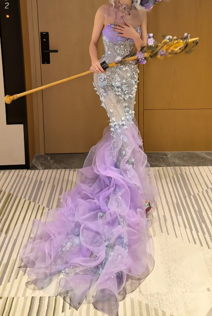 Dreamy Strapless Prom Dress Purple Beading Tulle Mermaid Evening Dress GG7709