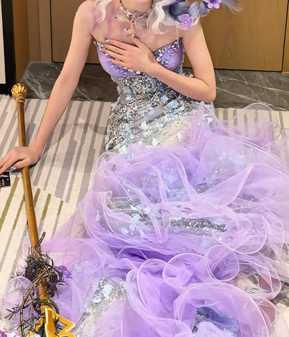 Dreamy Strapless Prom Dress Purple Beading Tulle Mermaid Evening Dress GG7709