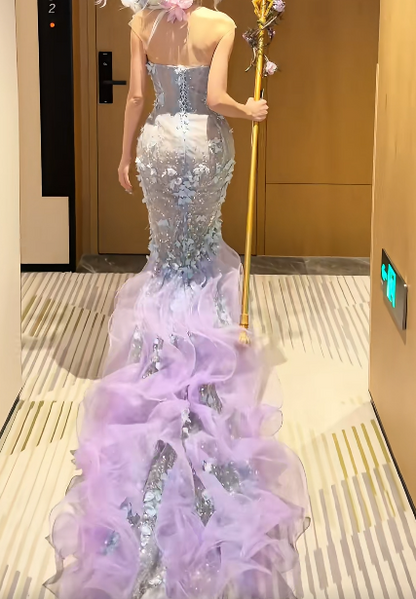 Dreamy Strapless Prom Dress Purple Beading Tulle Mermaid Evening Dress GG7709