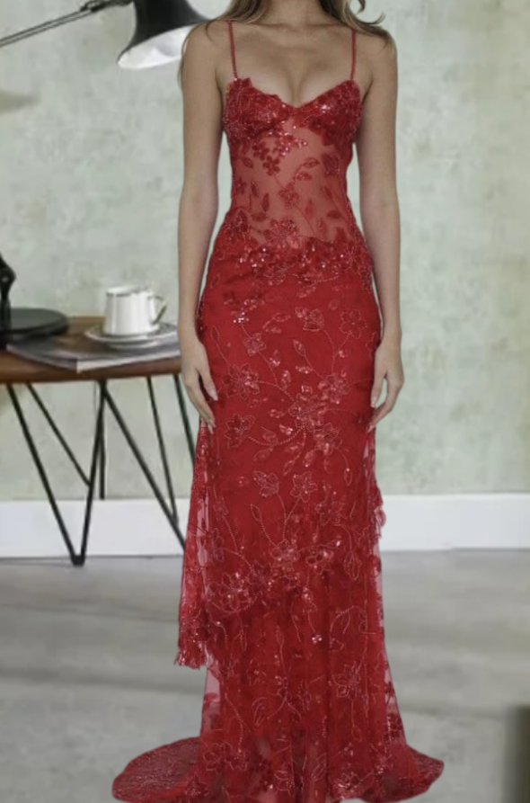 Alluring Spaghetti Straps Prom Dress Red Sequins Mermaid Evening Dress GG7718