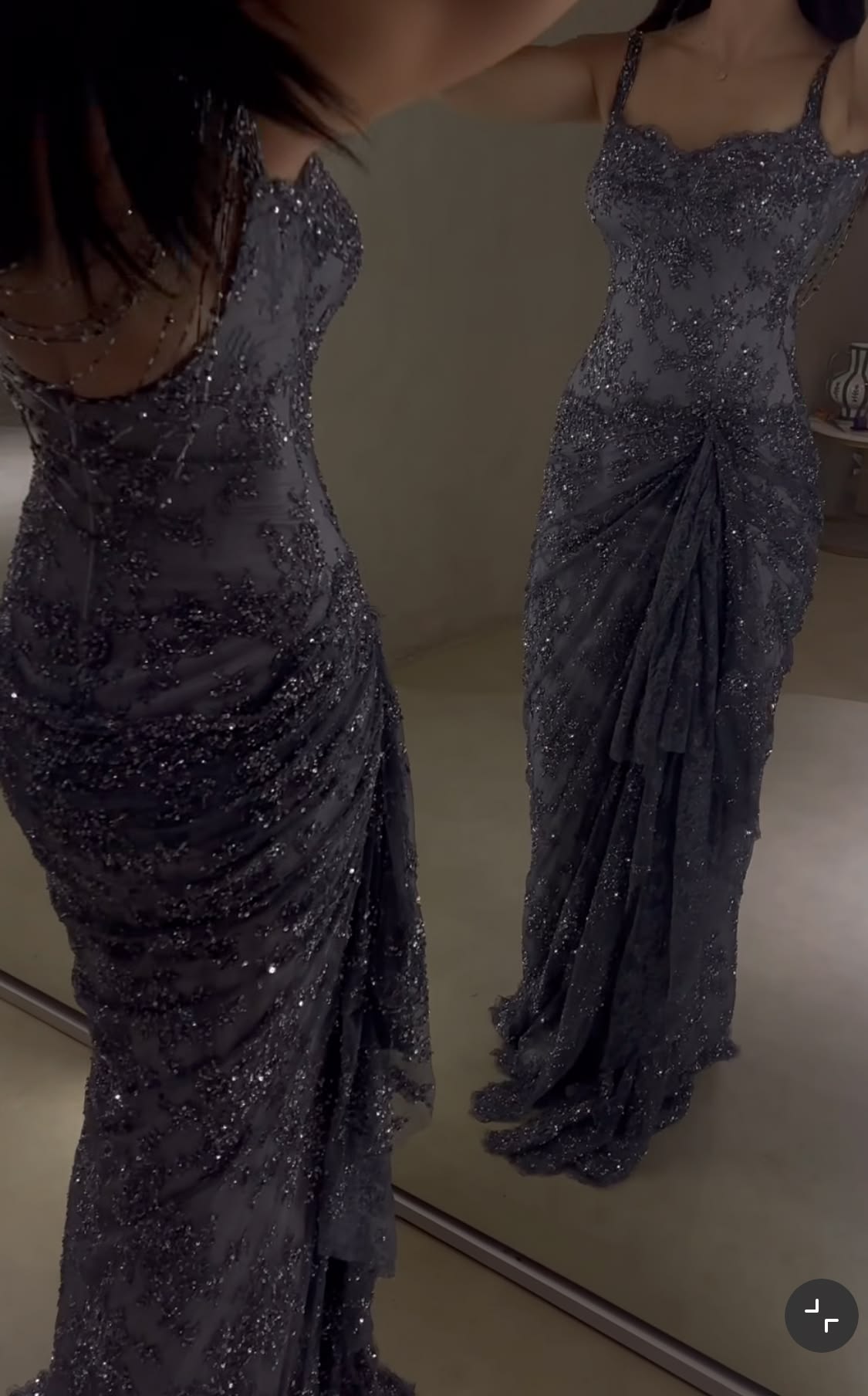 Glittering Spaghetti Straps Prom Dress Blue Sequins Sheath Evening Dress GG7719
