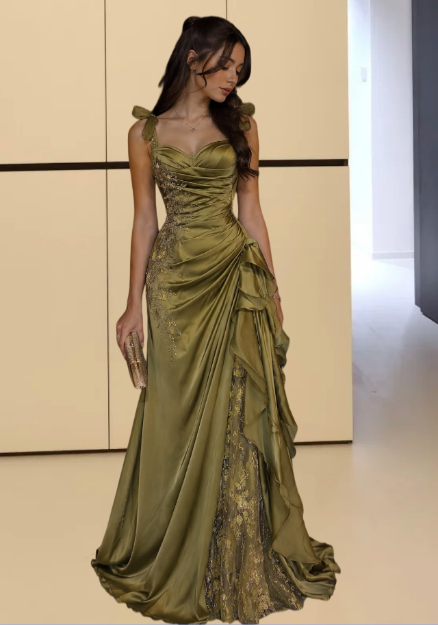 Enchanting Spaghetti Straps Prom Dress Green Appliques Satin A-Line Evening Dress GG7720