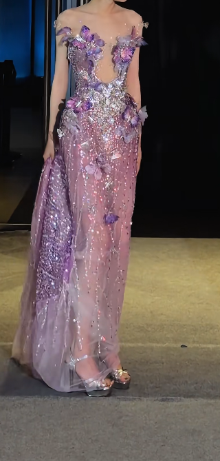 Glamorous Illusion Neck Prom Dress Purple Appliques Beading Mermaid Evening Dress GG7722