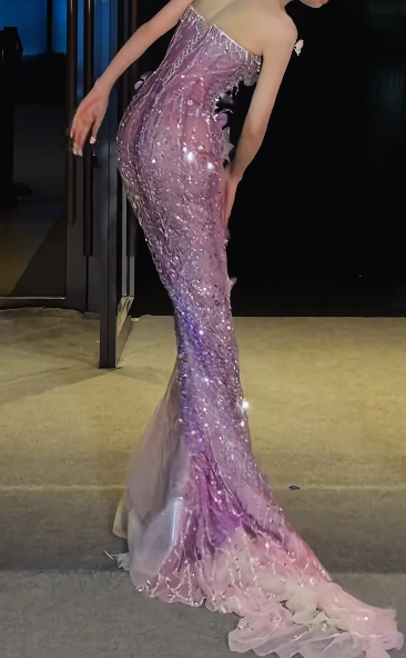 Glamorous Illusion Neck Prom Dress Purple Appliques Beading Mermaid Evening Dress GG7722