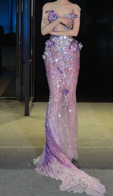 Glamorous Illusion Neck Prom Dress Purple Appliques Beading Mermaid Evening Dress GG7722