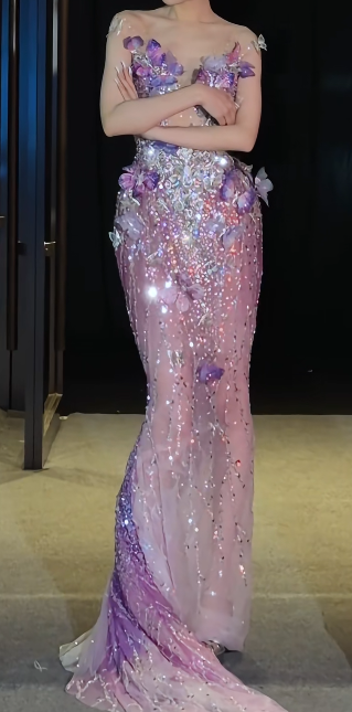 Glamorous Illusion Neck Prom Dress Purple Appliques Beading Mermaid Evening Dress GG7722