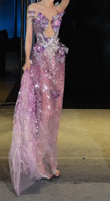 Glamorous Illusion Neck Prom Dress Purple Appliques Beading Mermaid Evening Dress GG7722