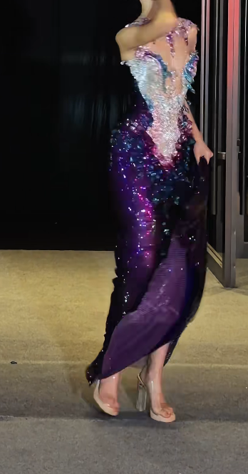 Charming Illusion Neck Prom Dress Dark Purple Crystals Beading Mermaid Evening Dress GG7723