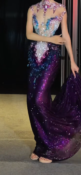 Charming Illusion Neck Prom Dress Dark Purple Crystals Beading Mermaid Evening Dress GG7723