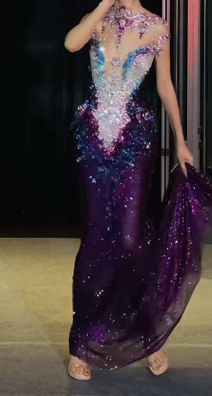 Charming Illusion Neck Prom Dress Dark Purple Crystals Beading Mermaid Evening Dress GG7723