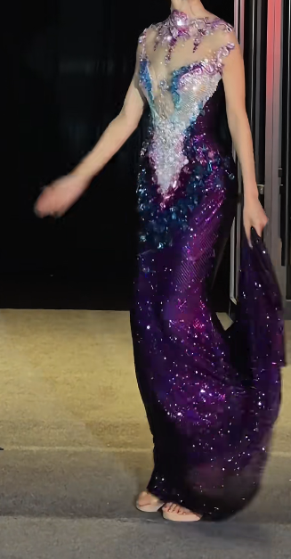 Charming Illusion Neck Prom Dress Dark Purple Crystals Beading Mermaid Evening Dress GG7723