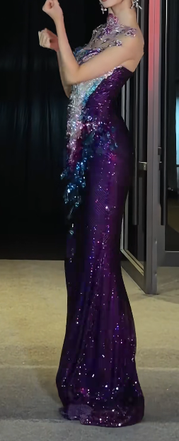 Charming Illusion Neck Prom Dress Dark Purple Crystals Beading Mermaid Evening Dress GG7723