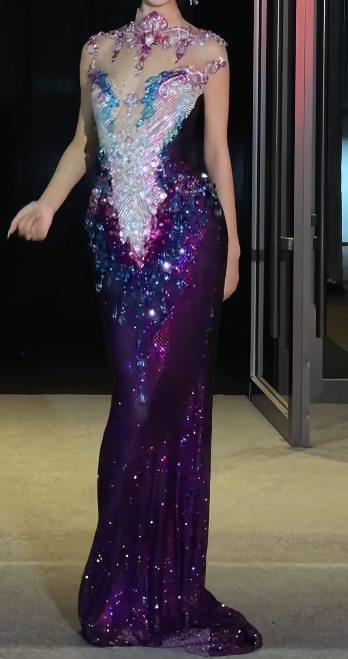 Charming Illusion Neck Prom Dress Dark Purple Crystals Beading Mermaid Evening Dress GG7723